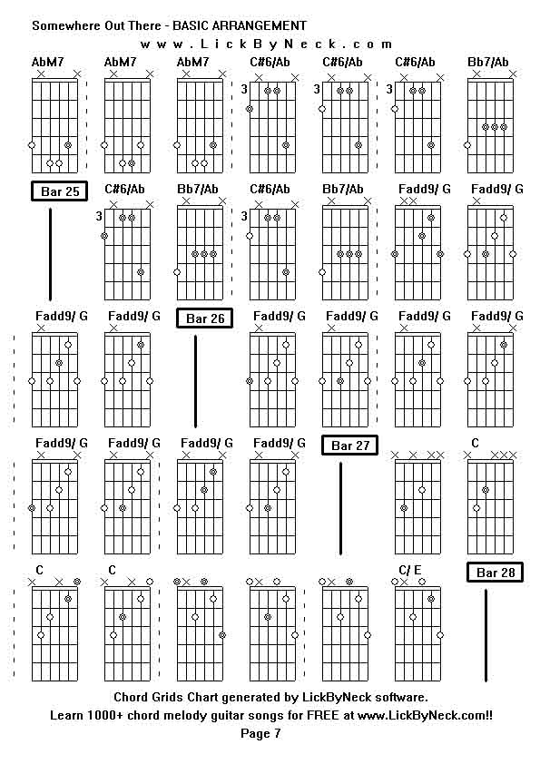 Chord Grids Chart of chord melody fingerstyle guitar song-Somewhere Out There - BASIC ARRANGEMENT,generated by LickByNeck software.